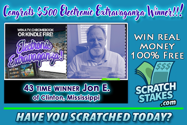 Congrats $500 Electronics Extravaganza and 43-time #Winner, Jon E. of Clinton, Mississippi!🥳🏆

🤑Play 80 FREE #scratchoff #games, #win FREE Instant Cash up to $25,000!
🤔Have you scratched today?
👉 ow.ly/YwIG50WALLx