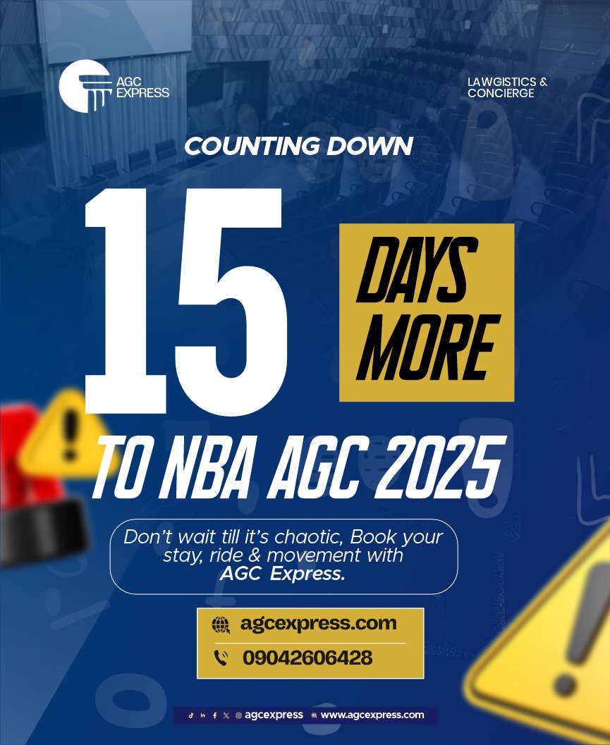 AgcExpress's tweet photo. 15 Days to AGC!
Still thinking of “how you’ll move around”, “what you’ll eat”, or “how you’ll survive Enugu”?

AGC Express is the plan.
We’re your backup, your logistics lifeline — before, during, and after the AGC.

You snooze, you lose 🤷 https://t.co/f4wcRnbzxI