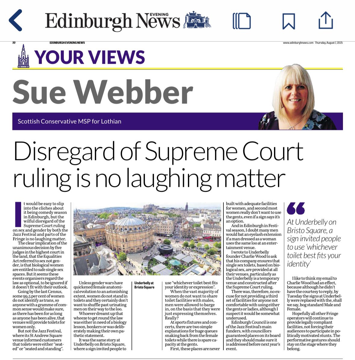 I am pleased to say that Underbelly have removed their gender neutral toilet signs after I raised this issue with them.

“Single-sex toilets are legal rights, not optional extras. ”

You can read my full comments in the article below 👇