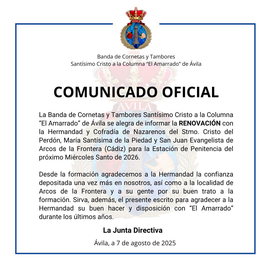 •COMUNICADO OFICIAL•

Renovación de contrato con la <a href="/HdadPerdonArcos/">Hdad. del Perdón</a> para el próximo Miércoles Santo de 2026.

Agradecidos a la Hermandad arcense por la confianza depositada en la formación y su buen trato y hacer durante los últimos años.

#SuenaAmarrado | #sentiramarrado