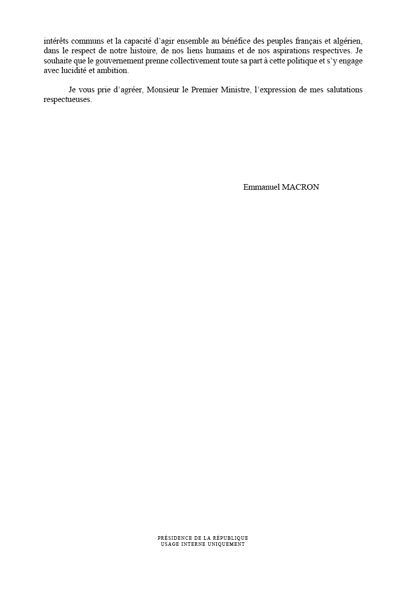 Suspension de l'accord de 2013 concernant les exemptions de visa sur les passeports officiels et diplomatiques, coordination européenne, retour en Algérie de leurs ressortissants dangereux...

Dans une lettre adressée au Gouvernement, le chef de l'État, <a href="/EmmanuelMacron/">Emmanuel Macron</a>, exige