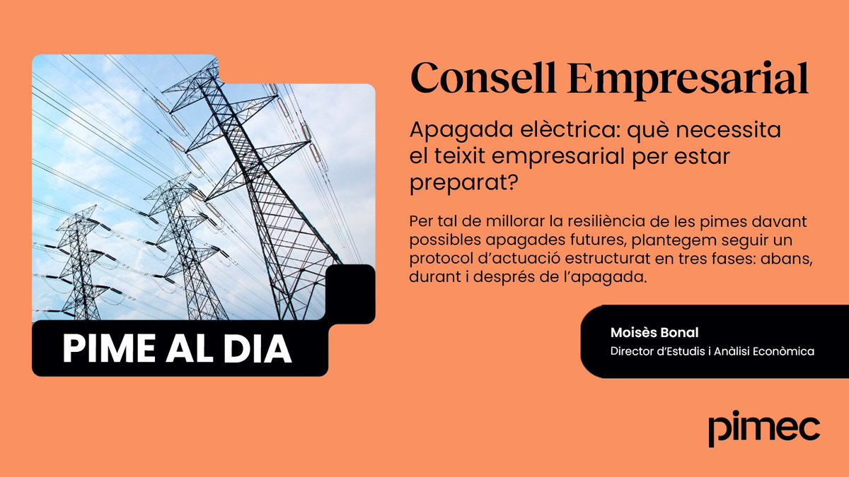 💡Apagada elèctrica: què necessita el teixit empresarial per estar preparat?

✍El director d’Estudis i Anàlisi Econòmica de <a href="/Pimec/">Pimec</a>, Moisès Bonal, recomana seguir un protocol d'actuació per millorar la resiliència de les pimes davant apagades futures.

tinyurl.com/4k8jsyz5