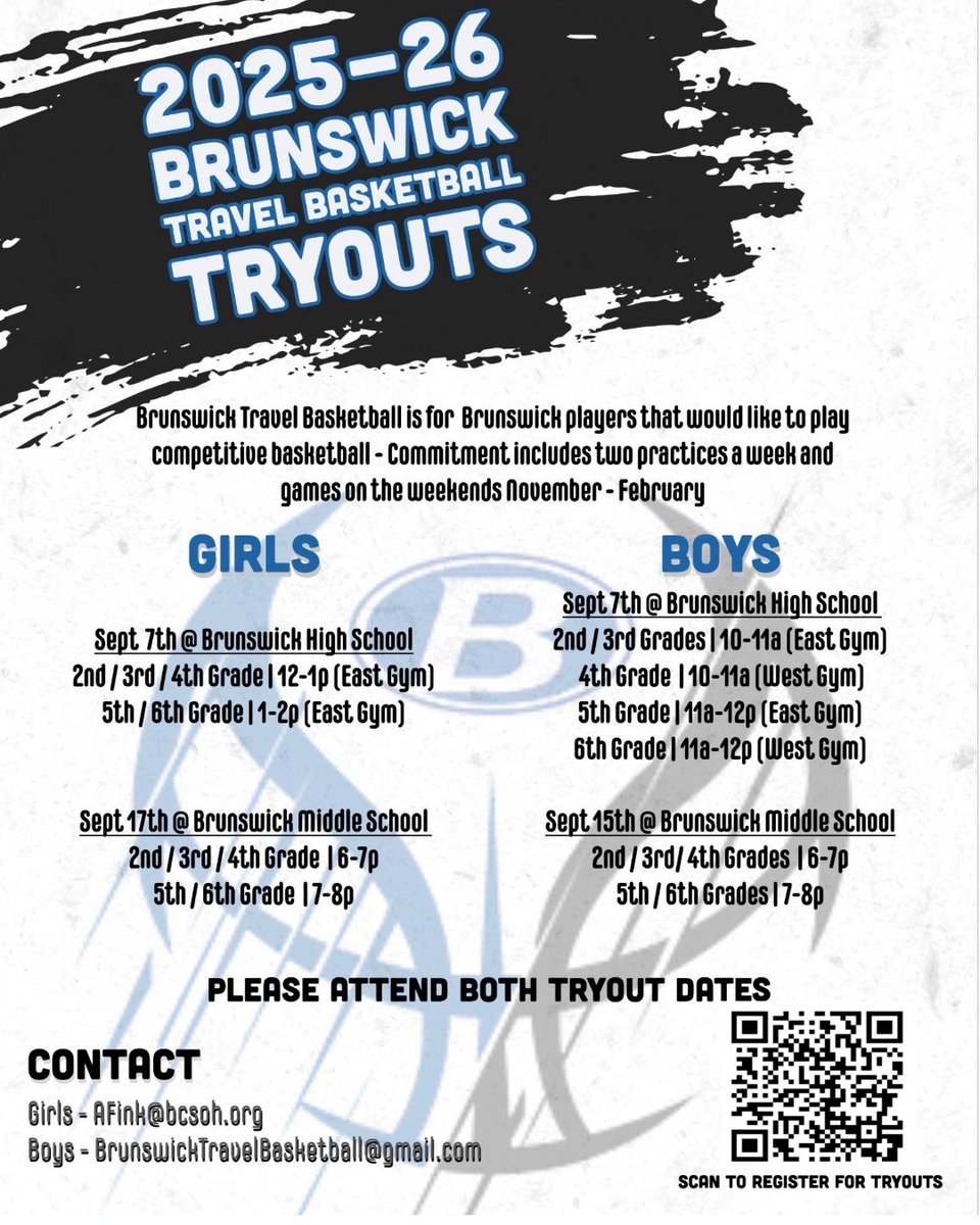 BrunswickCitySchools (@brunswickcsd) on Twitter photo February
Calling all 2nd-6th grade boys and girls interested in playing travel basketball!  Tryouts will be held in September. Teams will practice twice a week and play games on weekends in November through February.
Register at ow.ly/TFJk50Wvoo7
Questions:
Girls: February
Calling all 2nd-6th grade boys and girls interested in playing travel basketball!  Tryouts will be held in September. Teams will practice twice a week and play games on weekends in November through February.
Register at ow.ly/TFJk50Wvoo7
Questions:
Girls: