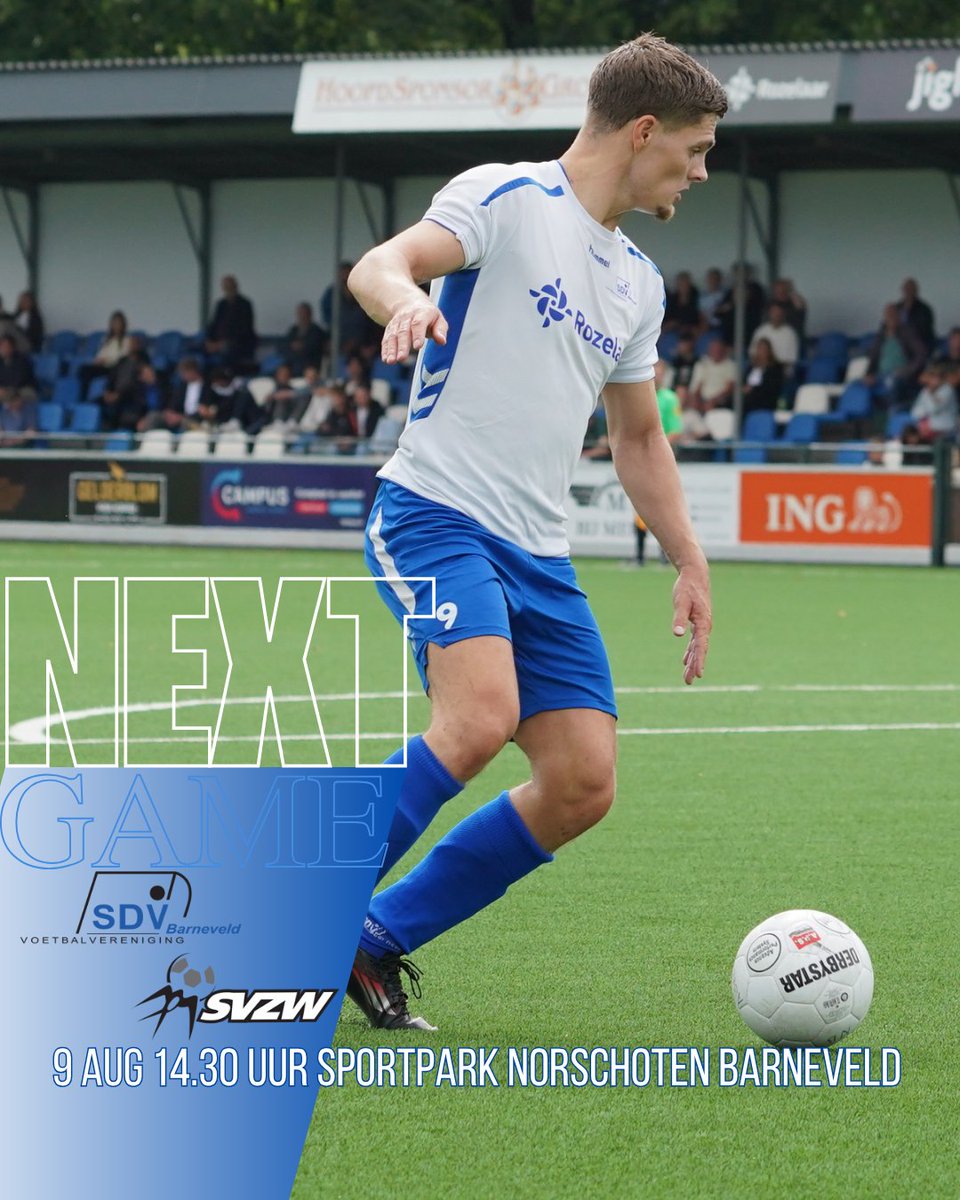 Next game!
⚽️ @sdv_barneveld - @svzwwierden 
🎬 oefenwedstrijd 
🗓 9 augustus 2025
🕝 14.30 uur
🏟 sportpark Norschoten
📍 Barneveld
Tot zaterdag 💙🤍