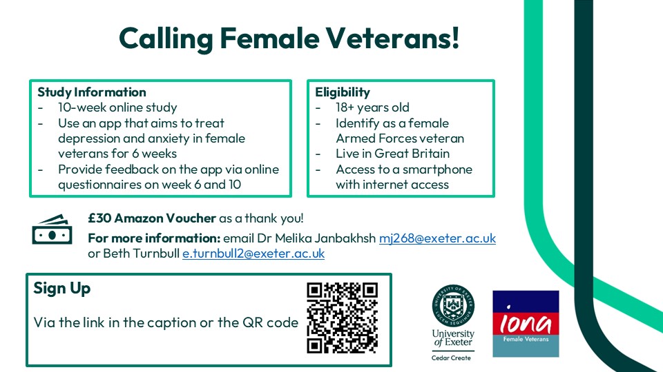 bethroseturnbu1's tweet photo. 📢CALLING FEMALE VETERANS📢

We're seeking your feedback on the IONA Female Veterans app - designed with female veterans to help manage symptoms of depression and anxiety.

SIGN UP: https://t.co/IXIr9hdr42
#FemaleVeterans #MentalHealthResearch #Veterans #GreatBritain #ArmedForces https://t.co/3a02akKHDq