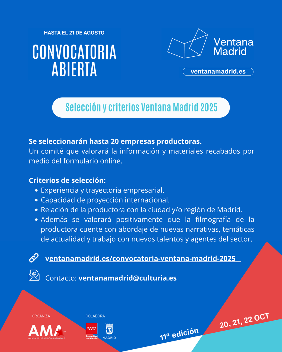 Recuerda que quedan dos semanas para inscribir a tu #productora en  𝑽𝒆𝒏𝒕𝒂𝒏𝒂 𝑴𝒂𝒅𝒓𝒊𝒅. 

📅 𝗣𝗹𝗮𝘇𝗼 𝗱𝗲 𝗶𝗻𝘀𝗰𝗿𝗶𝗽𝗰𝗶𝗼́𝗻: Hasta el 𝟐𝟏 𝐝𝐞 𝐀𝐆𝐎𝐒𝐓𝐎 de 2025.

Un comité seleccionará 𝗵𝗮𝘀𝘁𝗮 𝘂𝗻 𝘁𝗼𝘁𝗮𝗹 𝗱𝗲 𝟮𝟬 𝗲𝗺𝗽𝗿𝗲𝘀𝗮𝘀