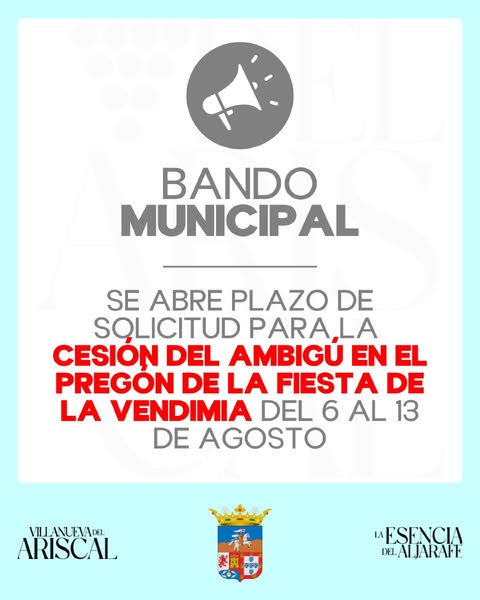 Seviempleo's tweet image. 📢 El Ayuntamiento de Villanueva del Ariscal saca públicamente la cesión del aprovechamiento del ambigú en el Pregón de la próxima Fiesta de la Vendimia
📆 13 de agosto

👉 x.gd/AIqYd

🗺️ #VillanuevaAempleo #EmprendeSE #NoticiasSEV
🖱️💻 @Ayto_VvaAriscal