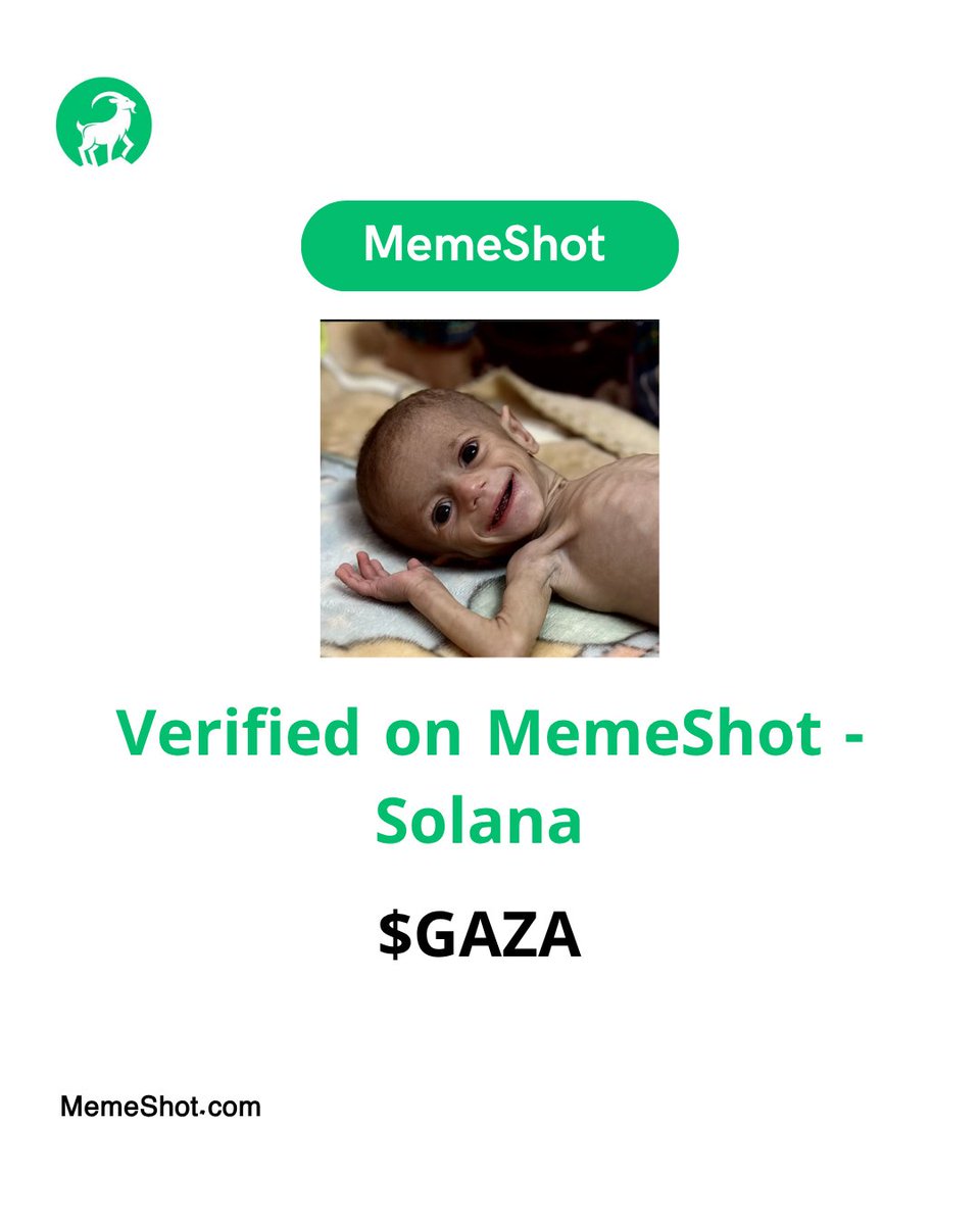 $GAZA has been officially verified on MemeShot,

and we’re excited to announce that once it surpasses a $10 million market cap, we will donate $10,000 to the project.

We thank <a href="/BagsApp/">BAGS</a> and <a href="/finnbags/">FINN</a> for the massive shift they've sparked in crypto-driven philanthropy. At