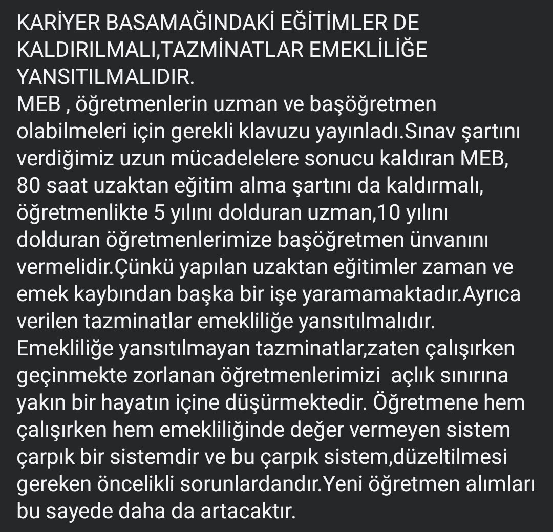 KARİYER BASAMAĞINDAKİ EĞİTİMLER DE KALDIRILMALI,TAZMİNATLAR EMEKLİLİĞE YANSITILMALIDIR.
MEB , öğretmenlerin uzman ve başöğretmen olabilmeleri için gerekli klavuzu yayınladı.Sınav şartını verdiğimiz uzun mücadelelere sonucu kaldıran <a href="/tcmeb/">Millî Eğitim Bakanlığı</a>  80 saat uzaktan eğitim alma şartını da