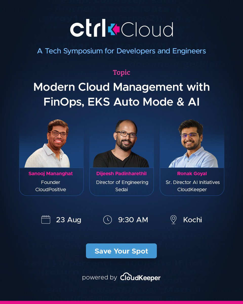 Ctrl+Cloud is back with its 4th edition - and this time, we're coming to Kochi!

📍 Jain University, Infopark

🗓️ August 23, 2025
🕘 9:30 AM
🎟️ Free Entry | Limited Seats - RSVP Now

meetup.com/ctrl-cloud-pow…

#CtrlPlusCloud #CloudComputing #Meetup #DevOps #GenAI #Kochi #KeralaTech
