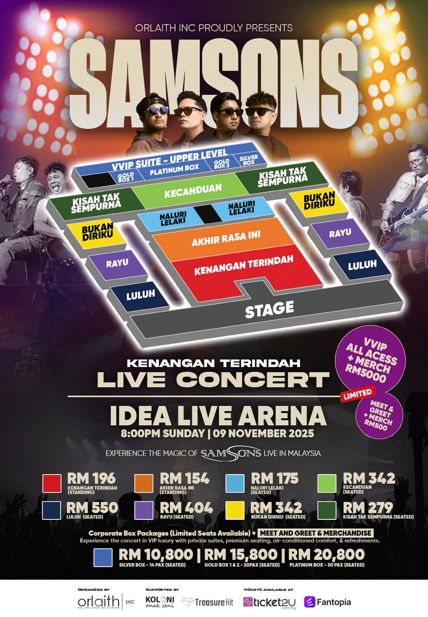 Samsons Live in Malaysia - Kenangan Terindah 

📅 Date: 09th November 2025 (Sunday)
⏰ Time: 8PM
📍Venue: IDEA LIVE ARENA

Get your tickets now‼️
🎫 Ticketing Website:
🔗ticket2u.com.my 
🔗fantopia.io

#SamsonsLiveInKL #KonsertSamsons #Samsons2025