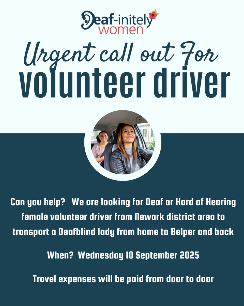 Deaf-initely Women (@deafinitelyw) on Twitter photo 💬Urgent call out for volunteer driver for Deafblind lady from Newark area to Belper and back
📆When? Wednesday 10th September
💸Travel expenses will be paid
Contact: Telephone NGT/Text Relay: 18001 01773 828233 Text: 07421 827162
Email: liz@deafinitelywomen.org.uk 💬Urgent call out for volunteer driver for Deafblind lady from Newark area to Belper and back
📆When? Wednesday 10th September
💸Travel expenses will be paid
Contact: Telephone NGT/Text Relay: 18001 01773 828233 Text: 07421 827162
Email: liz@deafinitelywomen.org.uk
