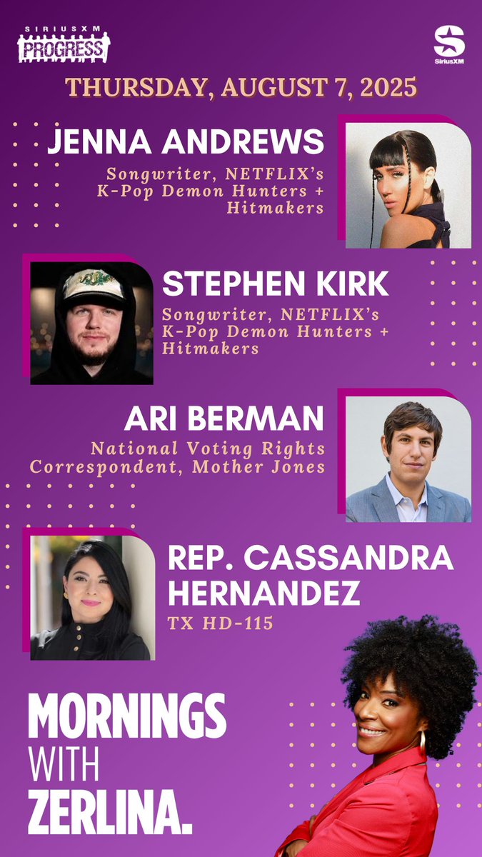 Hello Thursday! Joining Zerlina: Songwriters on NETFLIX's Hitmakers <a href="/TheJennaAndrews/">Jenna Andrews</a> &amp; Stephen Kirk, <a href="/MotherJones/">Mother Jones</a> National Voting Rights Correspondent <a href="/AriBerman/">Ari Berman</a> + TX State Rep. <a href="/CasforTX/">Cassandra Garcia Hernandez</a> of HD-115!

☎️ 866-997-4748
📻 <a href="/SiriusXMProg/">SiriusXMProg.bsky.social</a> Ch. 127
siriusxm.us/Zerlina
