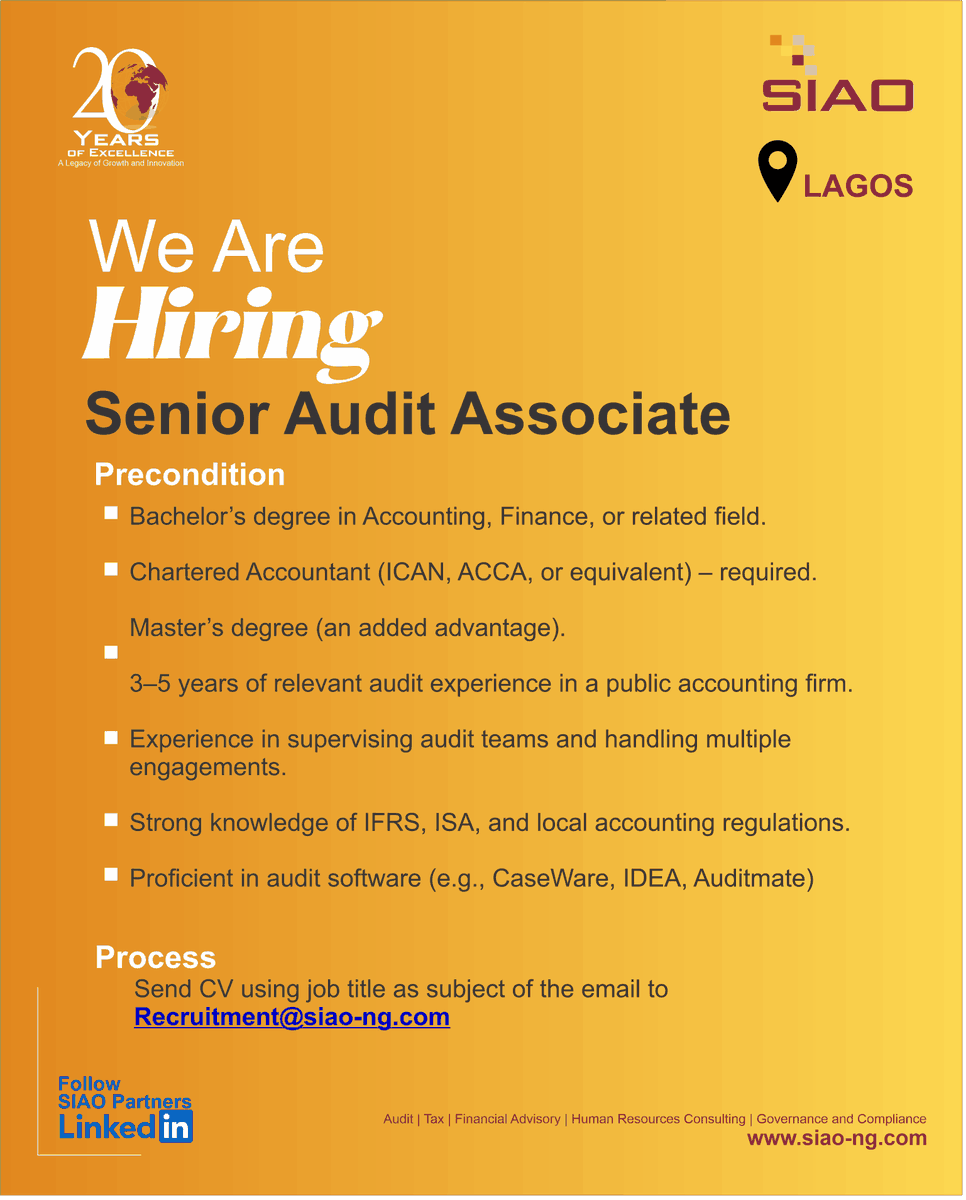 SIAOPartners's tweet photo. We are hiring
#Hiring #Vacacy #SIAOJobs #Nigeria https://t.co/HLKJ8vC4Lv