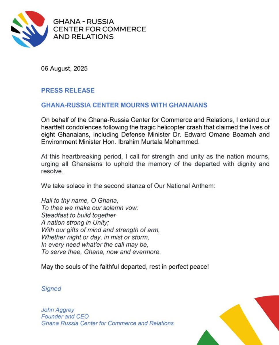 🕯️🖤💔 Ghana-Russia Mourns with Ghanaians

#PressRelease

<a href="/JDMahama/">John Dramani Mahama</a> 
<a href="/tv3_ghana/">#TV3GH</a> #TV3NewDay 
<a href="/JoyNewsOnTV/">JoyNews</a> myjoyonline.com/ghana-russia-c…
<a href="/GhArmedForces/">Ghana Armed Forces</a>