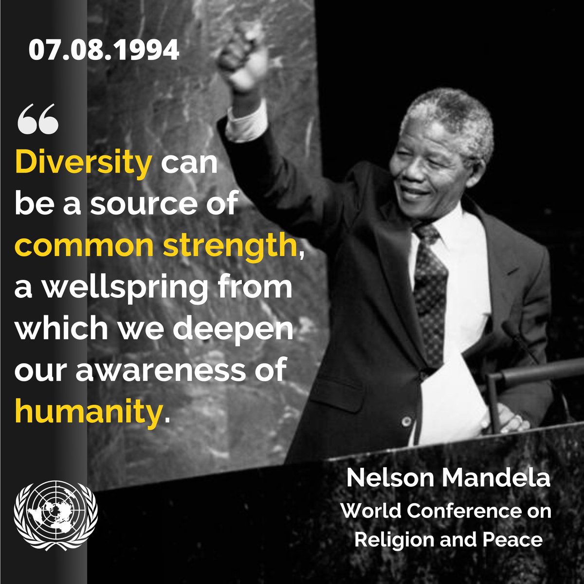 UNGeneva's tweet image. On this day in 1994, @NelsonMandela delivered a lecture at the World Conference on Religion and Peace.

“Diversity can be a source of common strength, a wellspring from which we deepen our awareness of humanity.”  His words resonate as strongly today as ever.  

#TBT