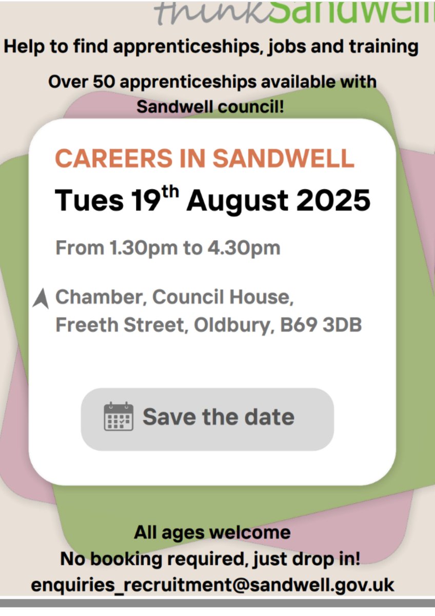 Looking for an apprenticeship? Join the Employability and Skills Team at the Council House from 1.30pm - 4.30pm. Connexions Sandwell Careers Advisers will be there to support you with careers information, advice and guidance too.