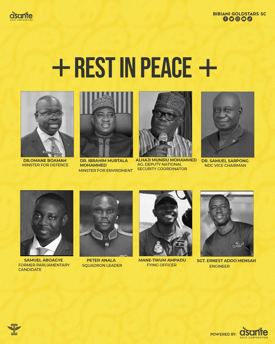 Bibiani GoldStars SC (@goldstarssc) on Twitter photo Bibiani GoldStars SC joins the nation in mourning the loss of the Ministers of Defence and Environment and others who perished in the tragic helicopter crash.
May their legacy live on.
Rest well, heroes. ๐๐พ๐ฌ๐ญ Bibiani GoldStars SC joins the nation in mourning the loss of the Ministers of Defence and Environment and others who perished in the tragic helicopter crash.
May their legacy live on.
Rest well, heroes. ๐๐พ๐ฌ๐ญ