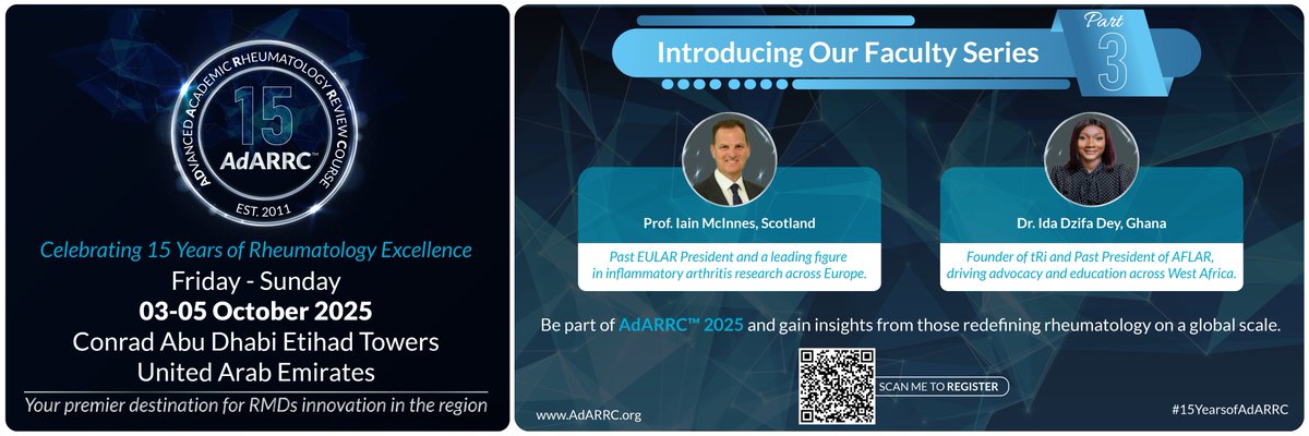 adarrc's tweet image. We’re proud to welcome Prof. Iain McInnes and Dr. Dzifa Dey to the #AdARRC2025 faculty! Join us this October in Abu Dhabi for a weekend of clinical excellence and academic exchange.
Register now: bit.ly/45hTfAo 
#15YearsofAdARRC #Rheumatology #Immunology