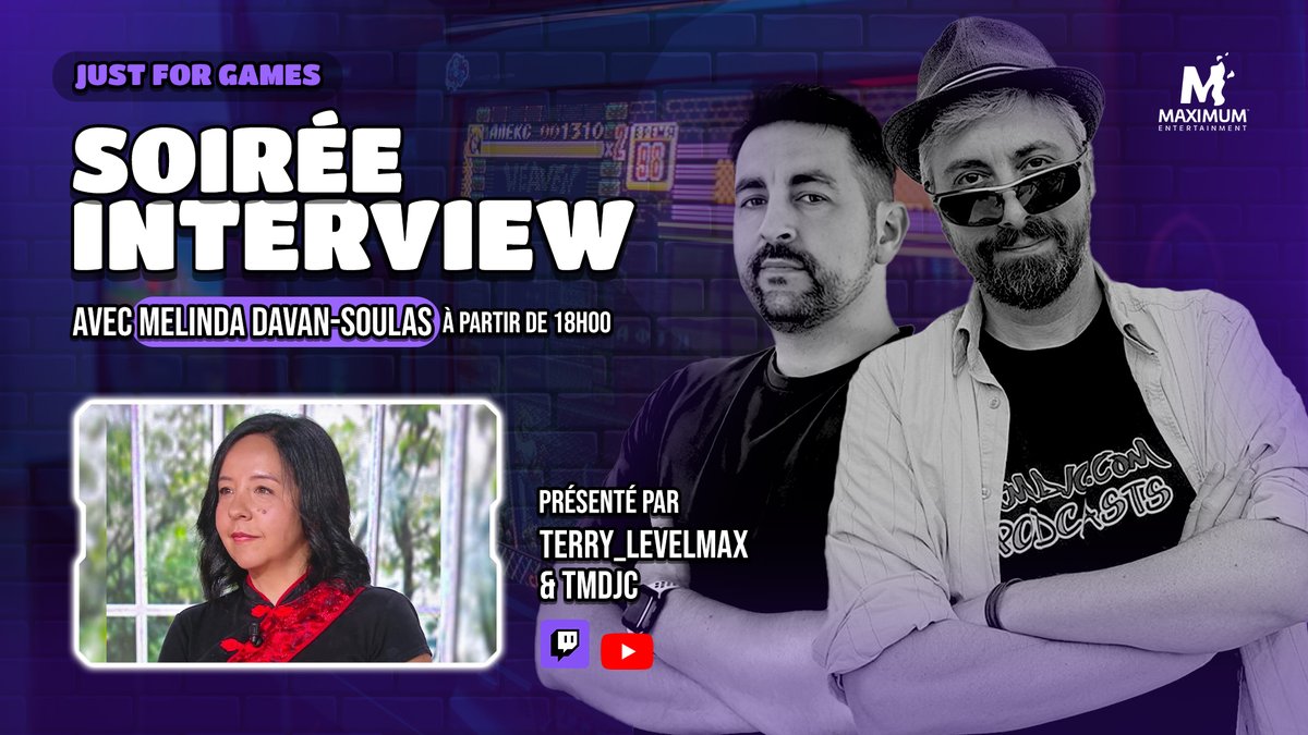 Maximum Entertainment France (@maxent_fr) on Twitter photo 📆 Rendez-vous ce jeudi 14 août à 18h pour l'interview en live de <a href="/Melinda_DS/">Melinda Davan-Soulas</a> ! La journaliste jeux vidéo sera cette fois-ci de l'autre côté des questions, venez participer ! 🙌
Twitch : JustForGamesFR
Youtube : MaxEnt_FR 📆 Rendez-vous ce jeudi 14 août à 18h pour l'interview en live de <a href="/Melinda_DS/">Melinda Davan-Soulas</a> ! La journaliste jeux vidéo sera cette fois-ci de l'autre côté des questions, venez participer ! 🙌
Twitch : JustForGamesFR
Youtube : MaxEnt_FR
