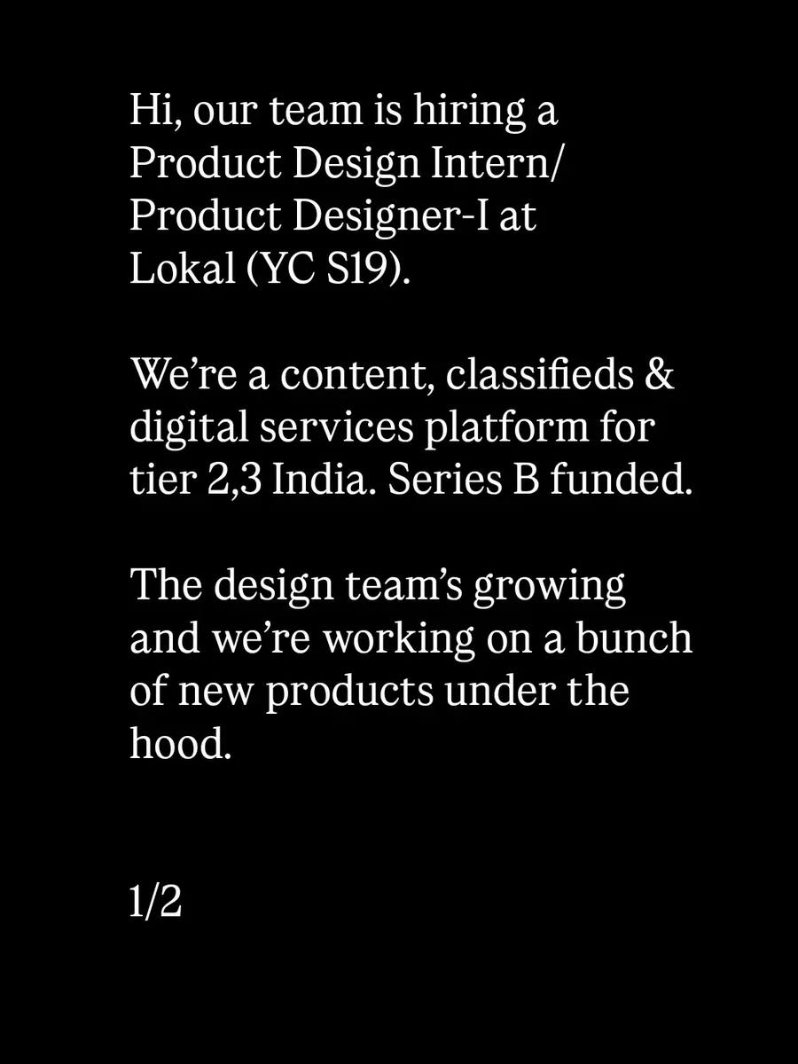 clearlyvips's tweet photo. We're hiring a Product Design Intern / Product Designer-I @getlokalapp (YC S19) in HSR, Bengaluru!

Details below. Pl DM with your portfolio:) https://t.co/nPOJmIhexi