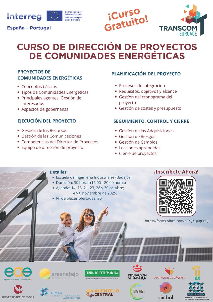 🆕 La <a href="/infouex/">UEx</a> lanza un curso sobre Dirección de Proyectos de Comunidades Energéticas en el marco del proyecto #TRANSCOM_EUROACE 🔝

🎓 30 horas lectivas presenciales
📆 Octubre y noviembre
📍 <a href="/eii_uex/">E.II.II. UEx</a>, Badajoz
‼️ Solo 20 plazas

ℹ️Más info e inscripción: transcom-euroace.eu/la-universidad…