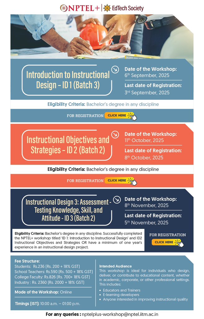 EdTech Society (@etsocietyorg) on Twitter photo π¨ 3-in-1 #InstructionalDesign Workshop Series!
Boost your skills in content design & delivery π
π ID1: Sept 6 | ID2: Oct 11 | ID3: Nov 8
π§βπ« For educators, trainers, & e-learning pros
π Register: NPTEL+
π© nptelplus-workshop@nptel.iitm.ac.in
#EdTech #NPTEL π¨ 3-in-1 #InstructionalDesign Workshop Series!
Boost your skills in content design & delivery π
π ID1: Sept 6 | ID2: Oct 11 | ID3: Nov 8
π§βπ« For educators, trainers, & e-learning pros
π Register: NPTEL+
π© nptelplus-workshop@nptel.iitm.ac.in
#EdTech #NPTEL