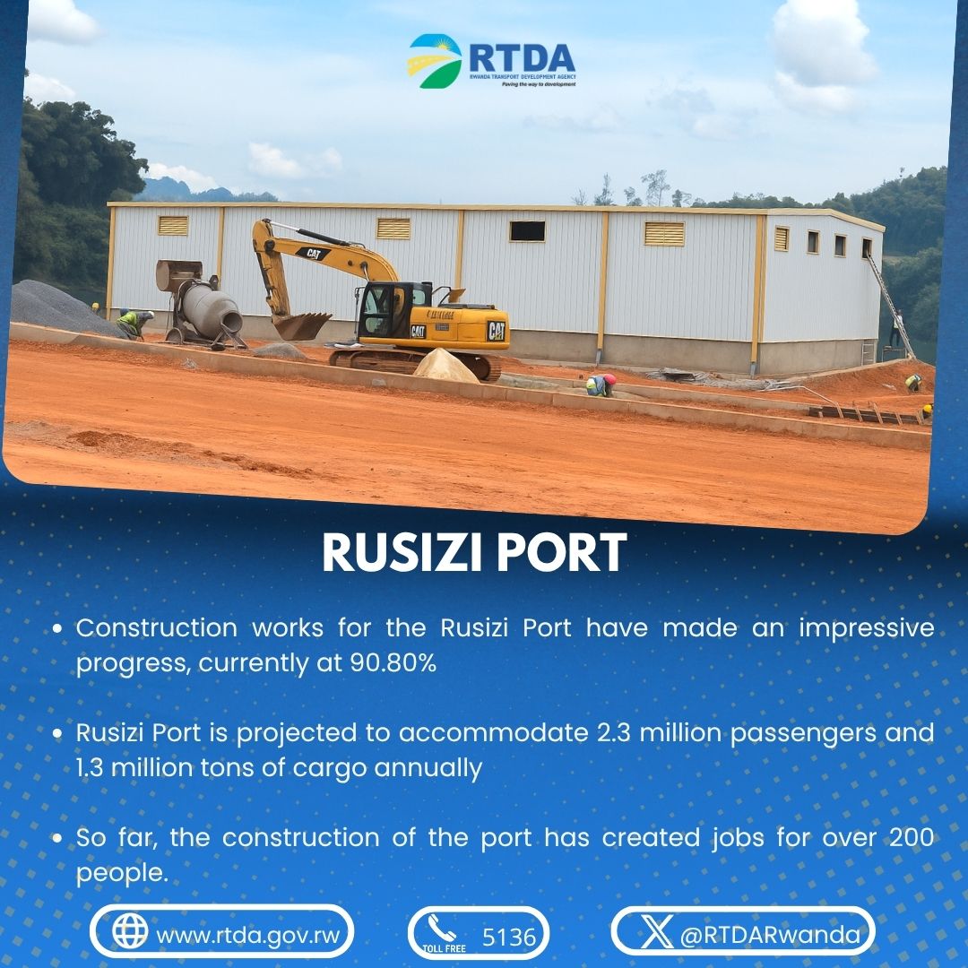 Rwanda Transport Development Agency (RTDA) (@rtdarwanda) on Twitter photo Construction works for the Rusizi Port have made an impressive progress, currently at 90.80%.
Once operational, Rusizi Port is projected to accommodate 2.3M passengers and 1.3M tons of cargo annually.
So far, the construction of the port has created jobs for over 200 people. Construction works for the Rusizi Port have made an impressive progress, currently at 90.80%.
Once operational, Rusizi Port is projected to accommodate 2.3M passengers and 1.3M tons of cargo annually.
So far, the construction of the port has created jobs for over 200 people.
