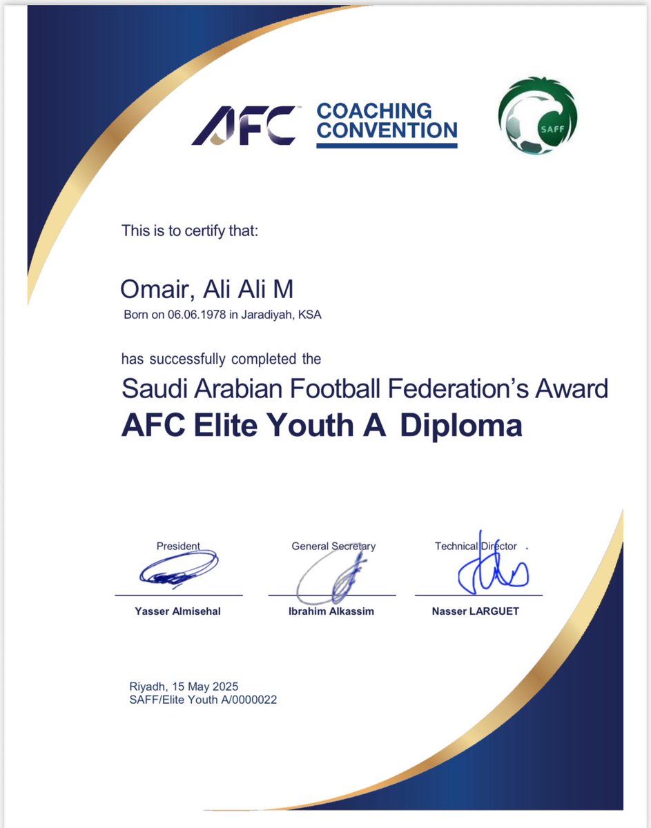 نبارك لكم حصولكم على الرخصة التدريبية الآسيوية (Elite Youth)، متمنين لكم مزيدًا من التقدم والعطاء في مسيرتكم التدريبية.💚🤍
