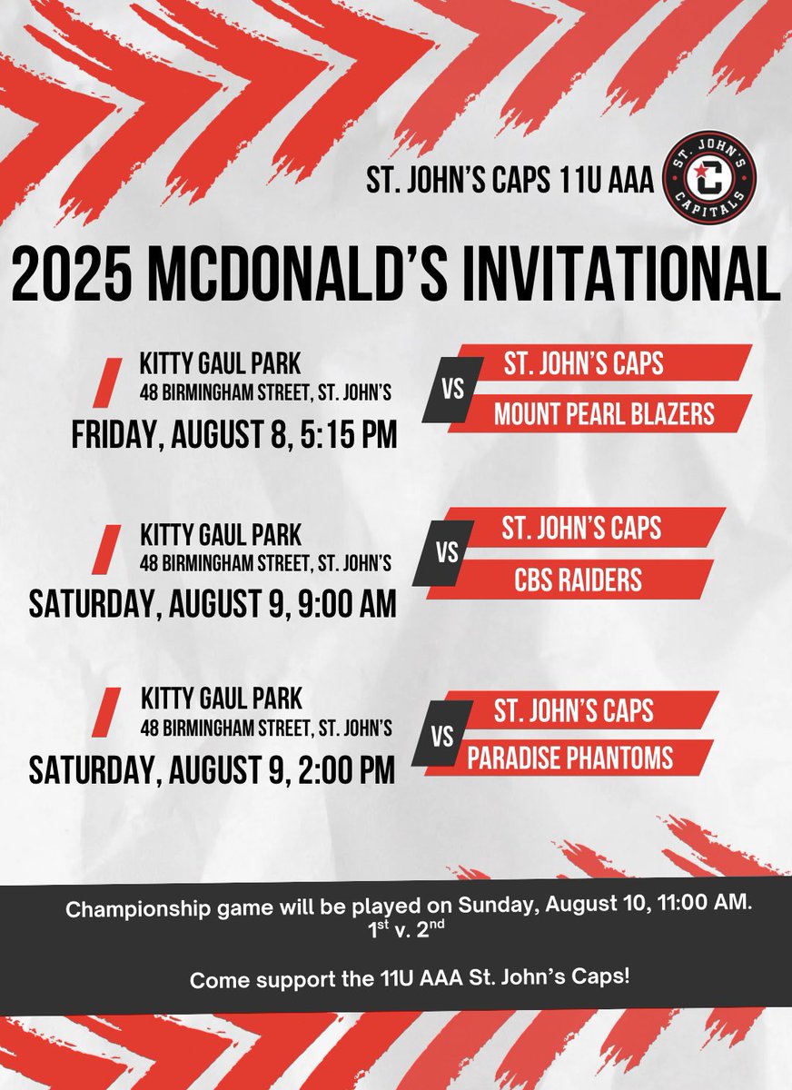 The McDonald’s Invitational hosted by <a href="/MPbaseball1/">MP Minor Baseball</a> drops tomorrow, and this is the last tournament for the 11U AAA’s before Provincials!!!!

Come out and support your Caps in their last tournament of this very short baseball season ❤️‍🩹

Let’s GO CAPS!! 

<a href="/baseballstjohns/">Baseball St. John's</a>