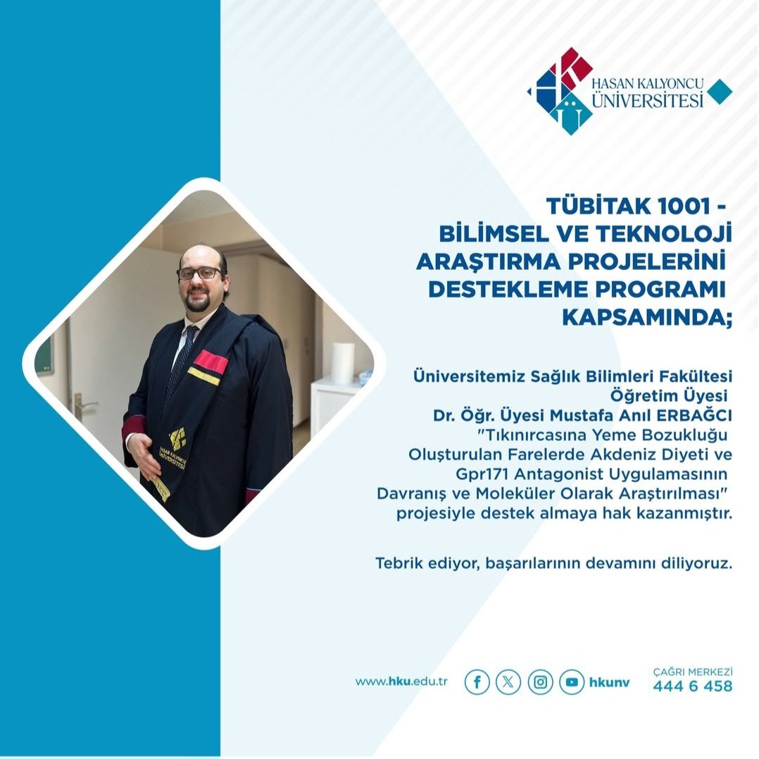 Arş. Gör. Sena BEKERECİOĞLU hocamın da yoğun emekleri ile hazırlayarak akademinin en prestijli proje desrek programlarından birisi olan TÜBİTAK 1001'e başvuru yaptığımız projemiz kabul edilerek desteklenmeye hak kazanmıştır
<a href="/hku_saglikbil/">HKU Sağlık Bilimleri</a> 
<a href="/hkunv/">Hasan Kalyoncu Üniv</a> 
<a href="/BayramlarKezban/">Kezban Yiğiter</a>