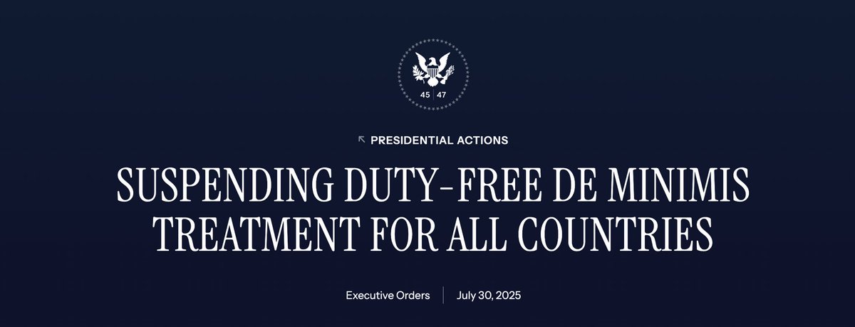 [1] I hate to get political. But this is a bad sign for a lot of businesses who rely on trade with the US. I run my own business, 65%-70% of my customer base are American. The repealing of the De Minimis duty free allowance of $800 to $0 will mean from the 29th of August my US