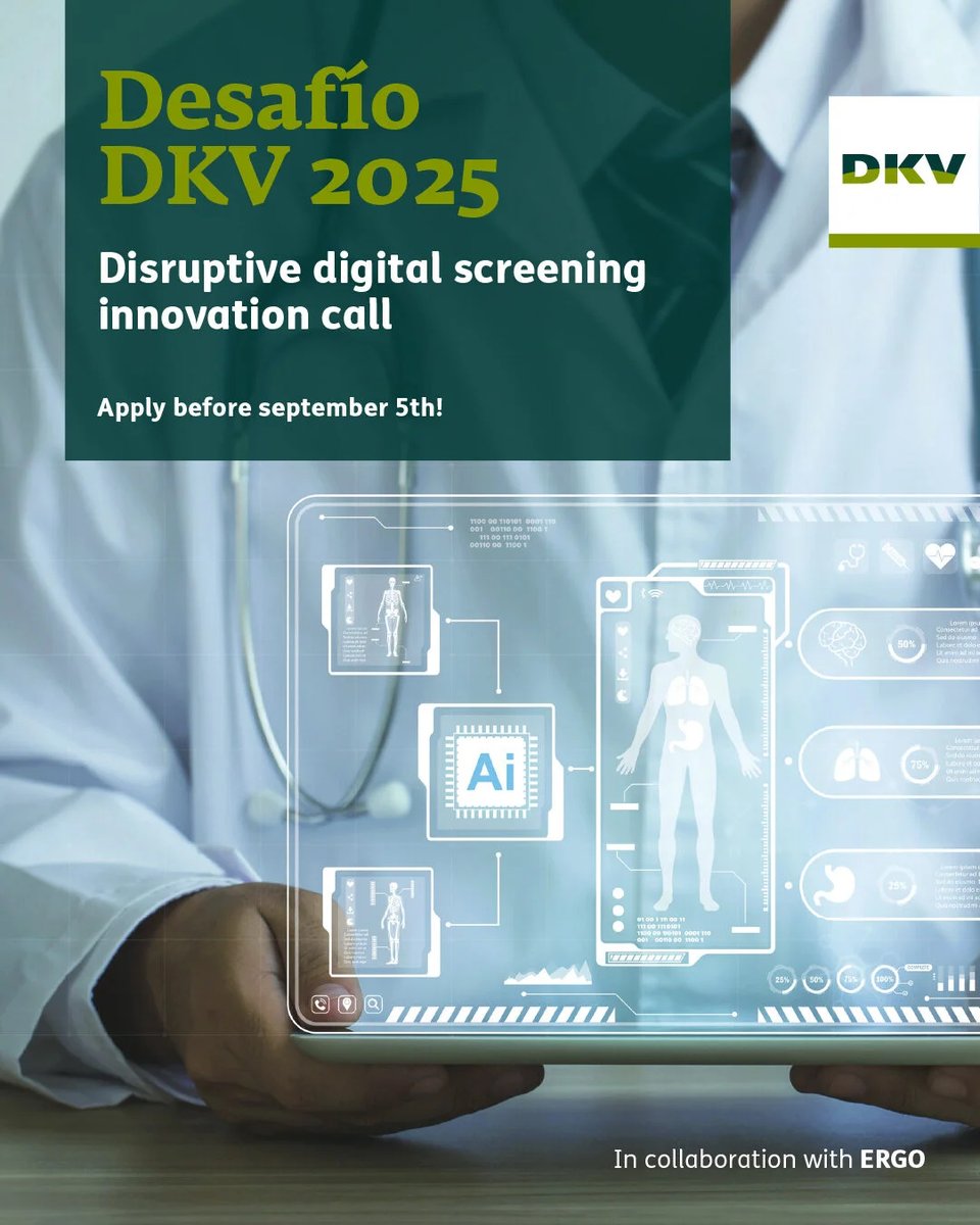 The Digital Health Society (@thedhsociety) on Twitter photo Desafío <a href="/DKVIntegralia/">Fund_DKVIntegralia</a> is live! Calling for disruptive digital screening solutions in 👁️ ophthalmology, 💨 respiratory, & 🦴 traumatology.
€10K prize + adoption in their digital health ecosystem.
Apply by Sept 5! 👉 echalliance.com/news/desafio-d… Desafío <a href="/DKVIntegralia/">Fund_DKVIntegralia</a> is live! Calling for disruptive digital screening solutions in 👁️ ophthalmology, 💨 respiratory, & 🦴 traumatology.
€10K prize + adoption in their digital health ecosystem.
Apply by Sept 5! 👉 echalliance.com/news/desafio-d…