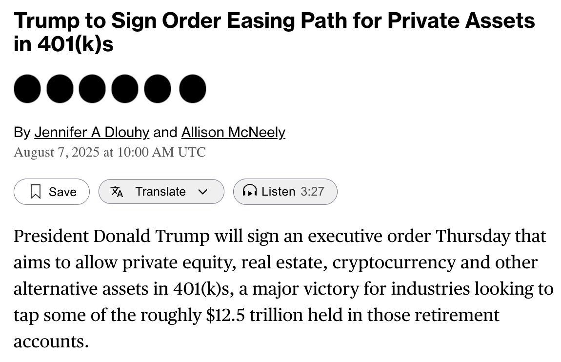 Laut @Bloomberg wird US-Präsident @realDonaldTrump heute das Dekret  unterzeichnen, durch das alternative Anlagen wie Bitcoin Einzug in die  steuerbegünstigten Altersvorsorgepläne – die 401(k)s – erhalten sollen.  🇺🇸📜👀 Rund 12,5 Billionen US-Dollar ...