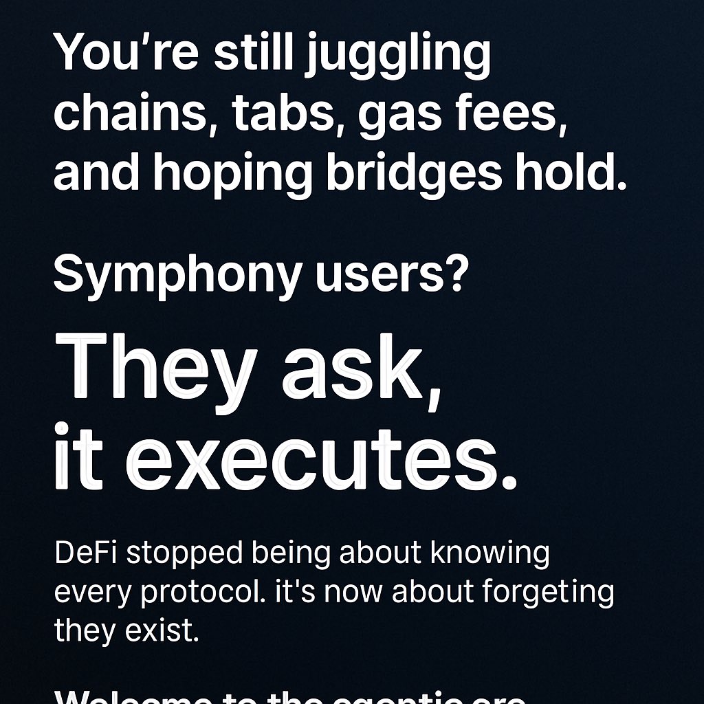 kewu_crypto's tweet image. DeFi used to feel like:

12 tabs open
Gas fees making you sweat
Bridge anxiety 

Now? I just tell @symphonyio what I want.

No stress. No mess.
Just intent → execution.

The future ain’t complex. It’s agentic.

#gSymphonyio #IntentDriven