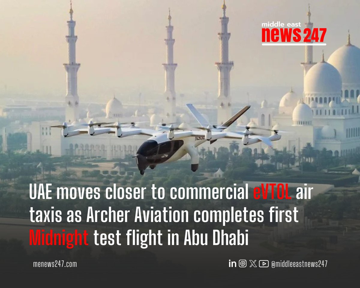 menews247's tweet image. UAE moves closer to commercial eVTOL air taxis as Archer Aviation completes first Midnight test flight in Abu Dhabi 

Read the full story here :menews247.com/archer-in-evto…

#ArcherAviation #eVTOL #electricflight #airtaxis #futureofmobility #futuremobility #Menews247