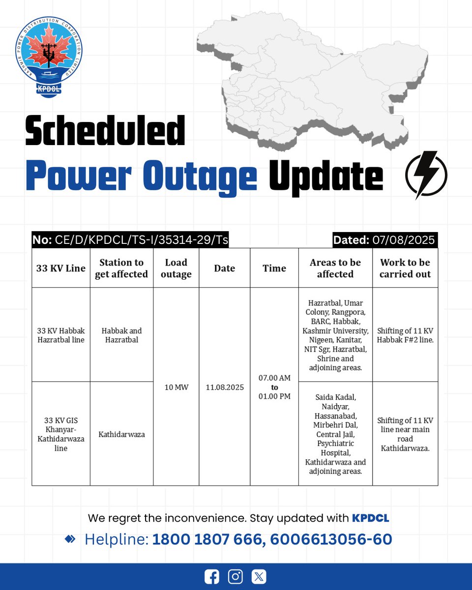 Official account of KPDCL (@kpdclofficial) on Twitter photo Scheduled Power Shutdown Update of 33 KV Habbak Hazratbal line,GIS Khanyar- Kathidarwaza Line.
Stay prepared!
We regret the inconvenience caused.
#KPDCL #SHUTDOWN
<a href="/CM_JnK/">Office of Chief Minister, J&K</a> <a href="/OfficeOfLGJandK/">Office of LG J&K</a> <a href="/diprjk/">Information & PR, J&K</a> <a href="/nasirsogami/">Nasir Sogami</a> <a href="/DivComKash/">Divisional Commissioner Kashmir</a> <a href="/GreaterKashmir/">Greater Kashmir</a> <a href="/RisingKashmir/">Rising Kashmir</a> Scheduled Power Shutdown Update of 33 KV Habbak Hazratbal line,GIS Khanyar- Kathidarwaza Line.
Stay prepared!
We regret the inconvenience caused.
#KPDCL #SHUTDOWN
<a href="/CM_JnK/">Office of Chief Minister, J&K</a> <a href="/OfficeOfLGJandK/">Office of LG J&K</a> <a href="/diprjk/">Information & PR, J&K</a> <a href="/nasirsogami/">Nasir Sogami</a> <a href="/DivComKash/">Divisional Commissioner Kashmir</a> <a href="/GreaterKashmir/">Greater Kashmir</a> <a href="/RisingKashmir/">Rising Kashmir</a>