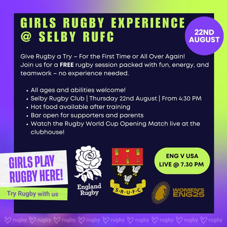 GIRLS' RUGBY EXPERIENCE 
Friday 22nd August 4.30 pm followed by Eng v USA opening fixture World Cup Rugby 2025
#Pitchero
selbyrufc.club/news/girls-rug…
