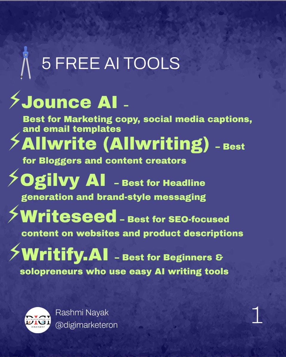 digimarketeron's tweet photo. 🎯 5 Free AI Copywriting Tools Every Solopreneur Should Know 💻✍️
#AICopywriting #SolopreneurTools #DigitalMarketingTools  
#ContentCreation #CopywritingTips #AIWriter  
#MarketingTools #CreatorTools #FreelanceLife  
#WriteWithAI #SmallBusinessMarketing #FreeAITools https://t.co/8yFOIEsz4C