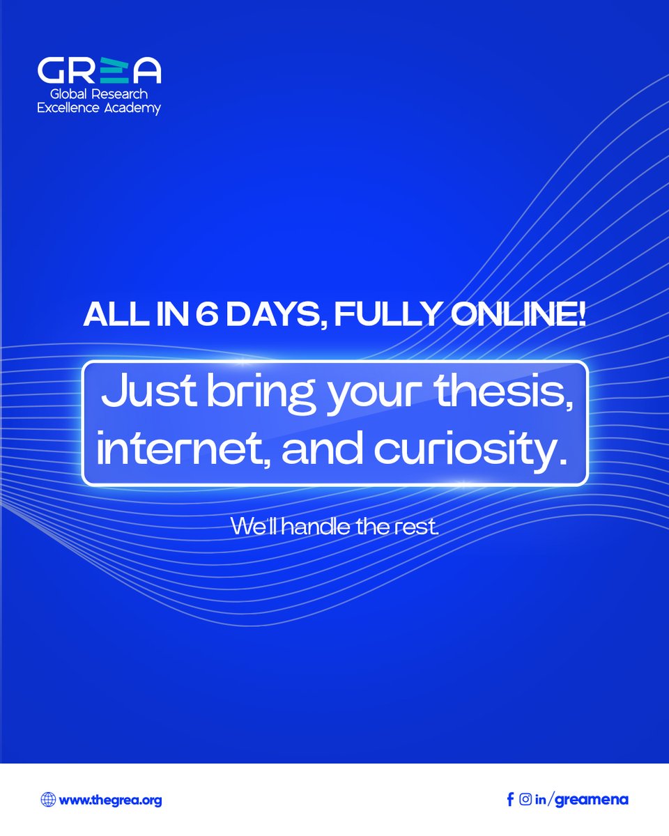 TheGREAMENA's tweet image. Want to turn your thesis into a published article?
Join GREA’s Online Summer School (Aug 23–28)
Learn AI tools, journal selection, referencing &amp;amp; reviewer response strategies in 6 days.
Register now: thegrea.org/courses/online…
#GREA #AcademicTraining #AIForResearchers