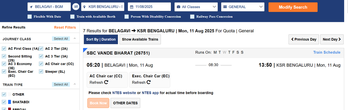The Regular Run of 26751/52 Belagavi - KSR #Bengaluru Vande Bharat Exp via #Davanagere will be from 11th Aug, 2025. 
The Train is now listed on Booking Sites, but the Booking commences not later than 8th August, 8:00 am.
Festive season is ahead, Our advice, book in advance.