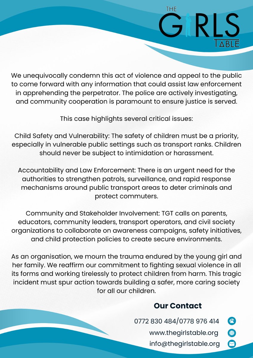 We are deeply shocked and saddened by the recent incident involving the sexual assault of a 13-year-old Grade 7 learner at Rezende Parkade rank in Harare. This tragic event is a grave violation of the child's rights and dignity, and it highlights the urgent need for increased