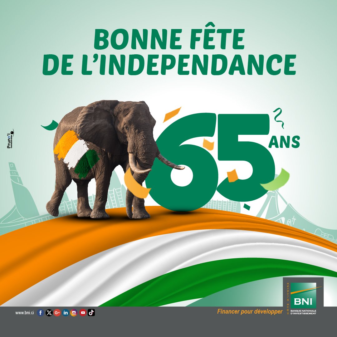 En ce 7 août, la Banque Nationale d’Investissement (BNI) rend hommage à l’histoire, à la résilience et à la fierté du peuple ivoirien.

Bonne fête de l’indépendance à tous ! 🎉

#IndépendanceCI #BNI #FiertéNationale #Développement #7Août #CIV