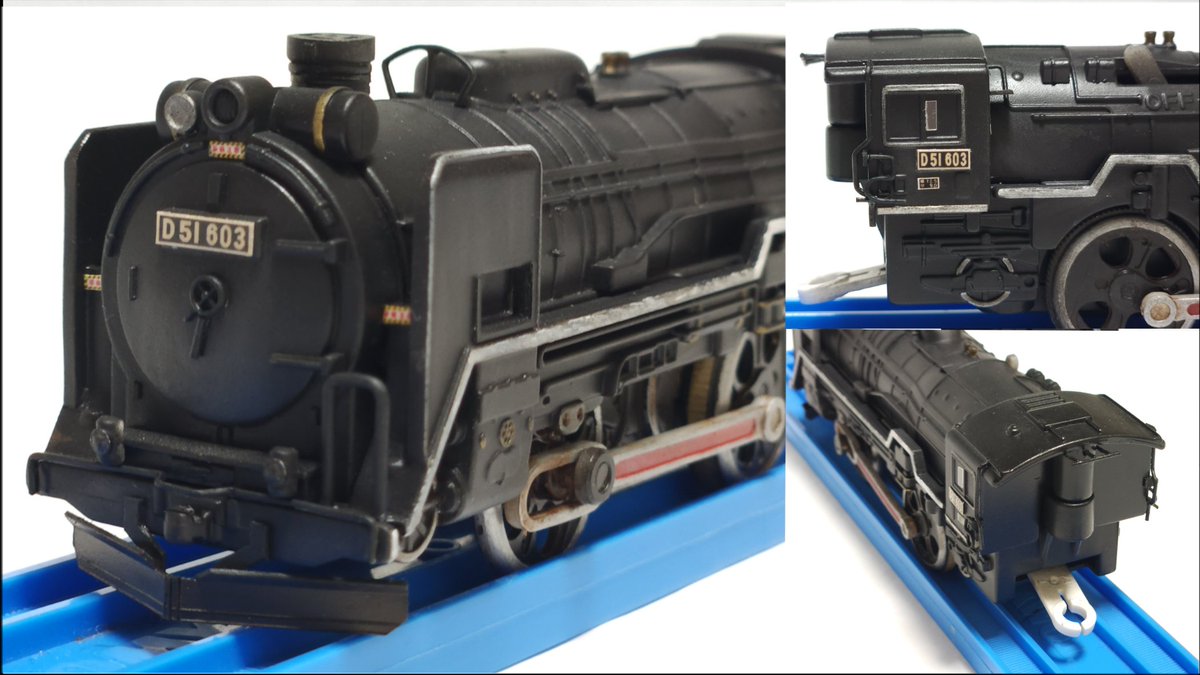 Karasuishi895's tweet image. 新作　D51 603[追(滝)]
二年前に苗穂工場出場時の姿で製作したものをSL定期最終日の姿にフルリメイクしました。
最終日仕様なので、出場時に艶々にされた車体や各部に施された装飾が時間の経過で煤けた姿を再現しています。
#改造プラレール