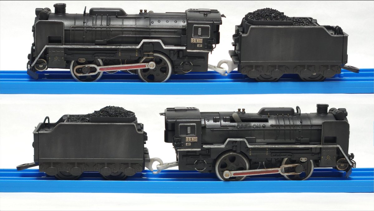 Karasuishi895's tweet image. 新作　D51 603[追(滝)]
二年前に苗穂工場出場時の姿で製作したものをSL定期最終日の姿にフルリメイクしました。
最終日仕様なので、出場時に艶々にされた車体や各部に施された装飾が時間の経過で煤けた姿を再現しています。
#改造プラレール