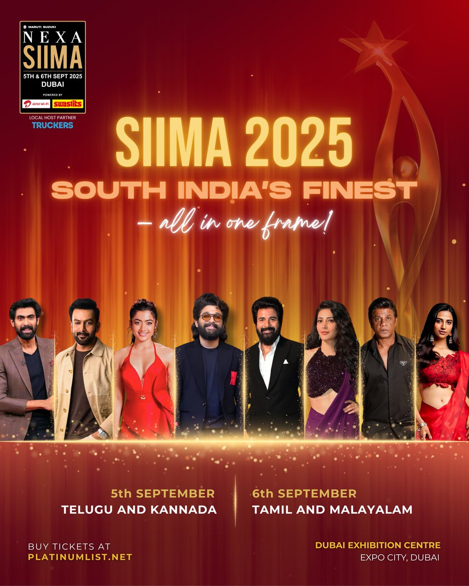 SIIMA (@siima) on Twitter photo SIIMA 2025 β¨
South Indiaβs Finest β All in One Frame! π
Get ready for a star-studded celebration of South Indian cinema like never before! π¬
π Dubai Exhibition Centre, Expo City
ποΈ 5th September β Telugu & Kannada
ποΈ 6th September β Tamil & Malayalam
Catch your favourite SIIMA 2025 β¨
South Indiaβs Finest β All in One Frame! π
Get ready for a star-studded celebration of South Indian cinema like never before! π¬
π Dubai Exhibition Centre, Expo City
ποΈ 5th September β Telugu & Kannada
ποΈ 6th September β Tamil & Malayalam
Catch your favourite