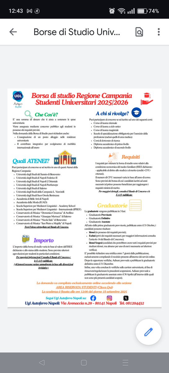 UglFnaNapoli's tweet photo. Borsa di studio Regione Campania - Studenti Universitari 2025/2026
Per l'accesso alla domanda clicca qui: https://t.co/wt64W1NrO7
Per l'accesso alle FAQ clicca quì: https://t.co/tkQCFJXPi6 https://t.co/k3pP31z20Z