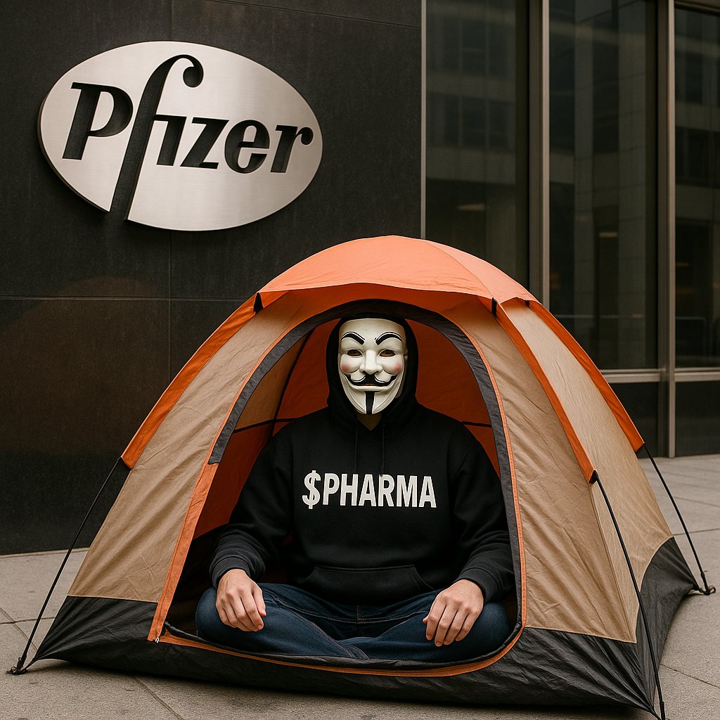 Day 3 outside Pfizer HQ. They still won’t accept $PHARMA as copay.