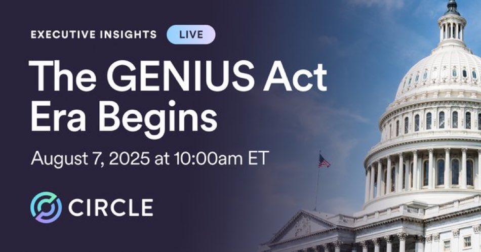 CarloDAngelo's tweet photo. GM
The GENIUS era begins. 
Will be attending the @circle Executive Insights meeting this morning to discuss the future of Stablecoins in America. 
@ddisparte #StablecoinSolutions https://t.co/AoOXaxPTjT