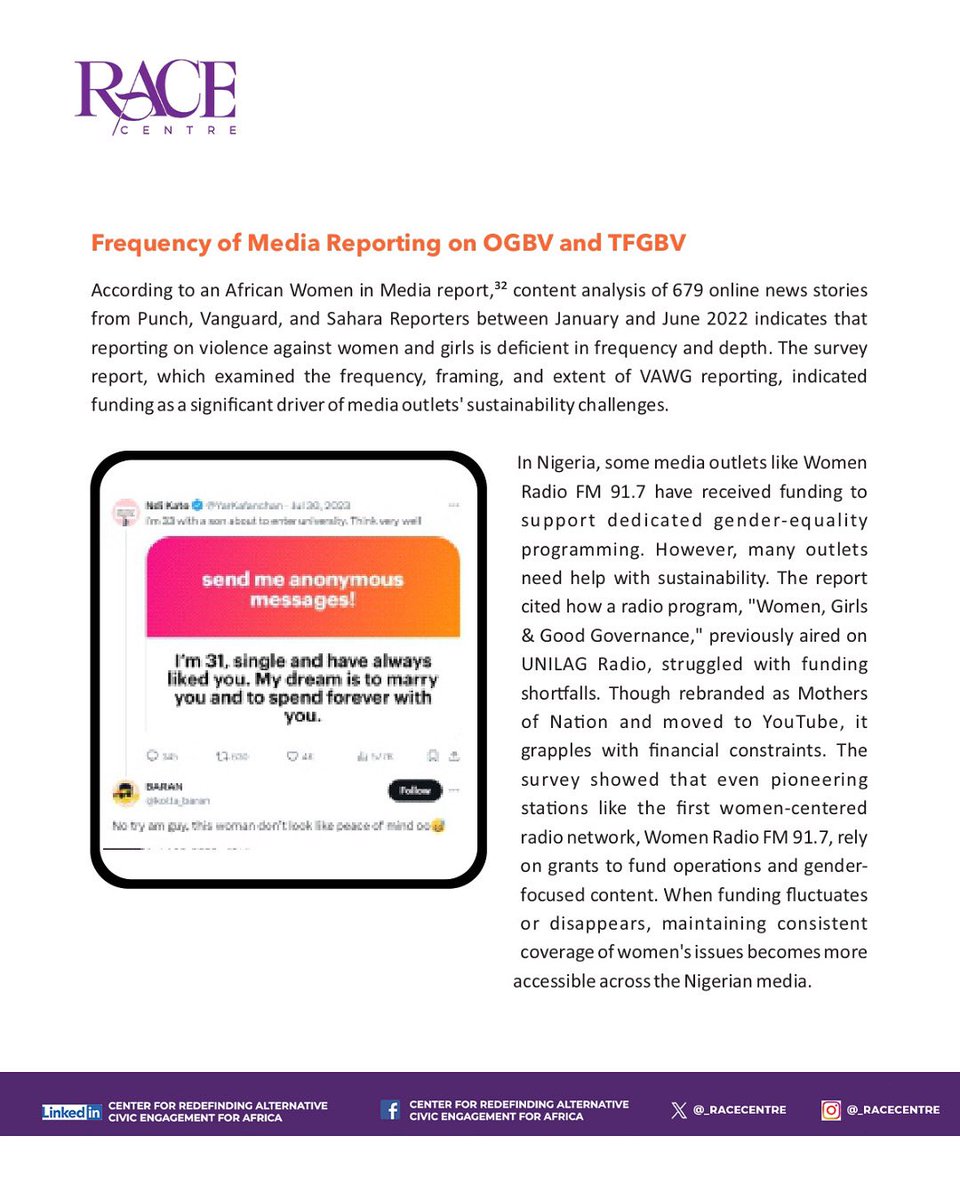 A 2022 content analysis of 679 stories from Punch, Vanguard, and Sahara Reporters found that reporting on violence against women and girls, especially online and tech-facilitated forms, is low in frequency and depth.

🧾 Read the full research: racecentre.org/online-gender-…

#OGBV